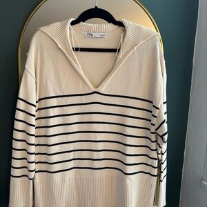 Zara V-Neck Sweater in Cream and Black Stripes
